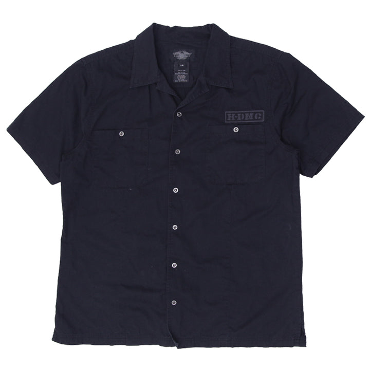 Mens HDMC Casual Shirt Black Short Sleeve Logo Button