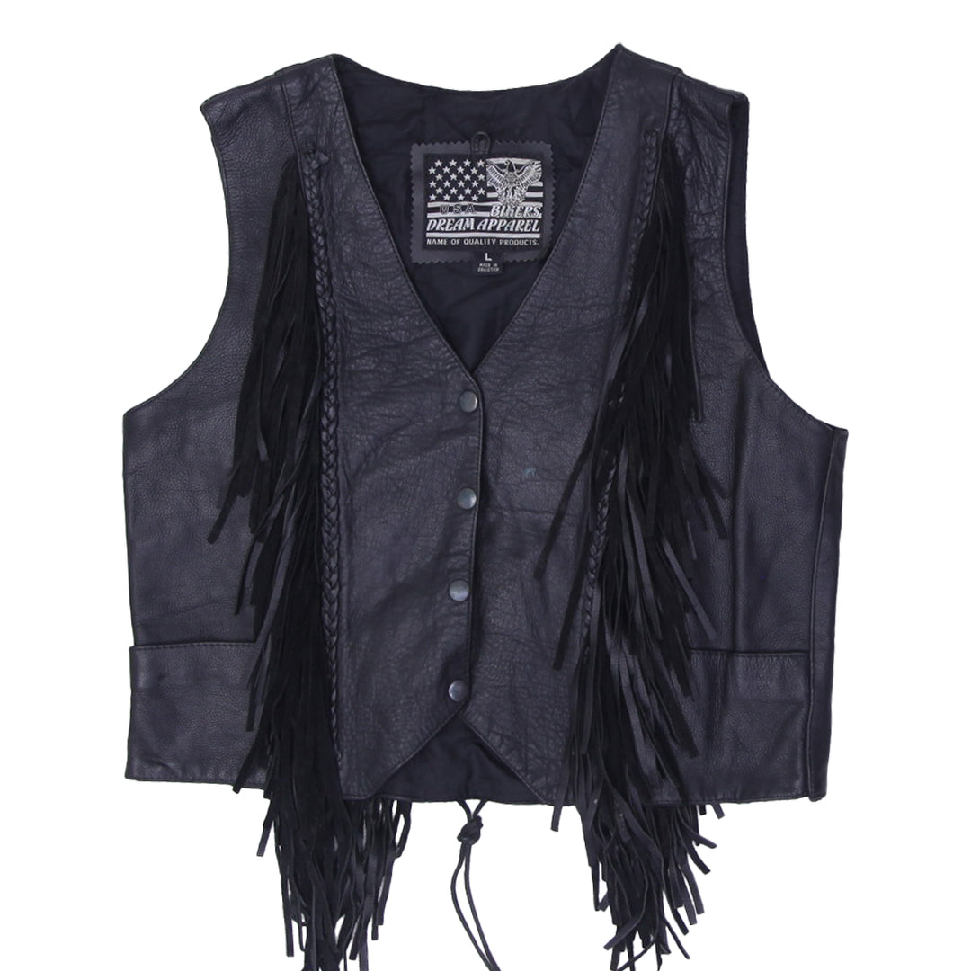 Vintage Ladies Dream Apparel Fringe Leather Vest Black Biker | Migration_Vests | Fashion Rerun