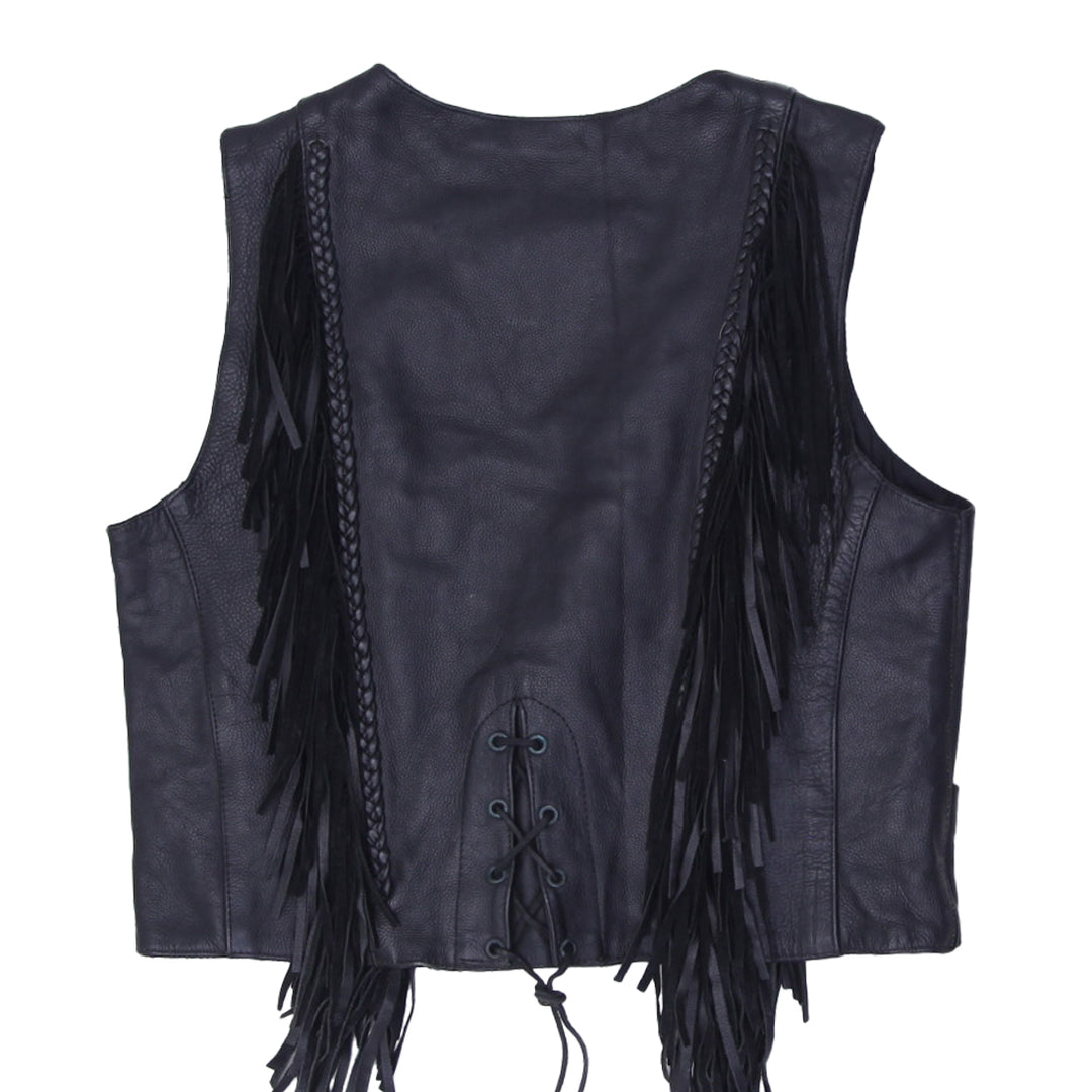 Vintage Ladies Dream Apparel Fringe Leather Vest Black Biker | Migration_Vests - Side View | Fashion Rerun