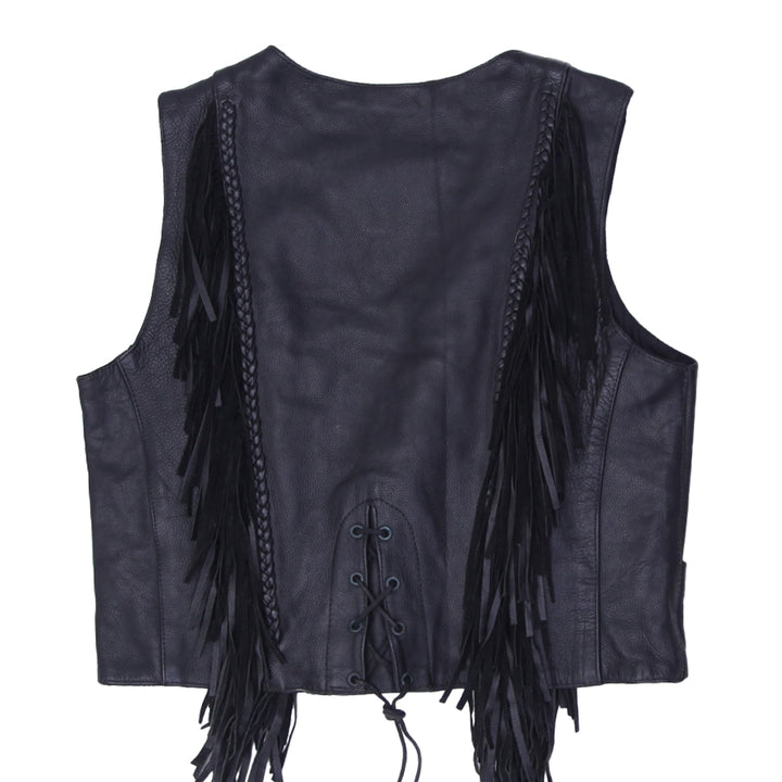 Vintage Ladies Dream Apparel Fringe Leather Vest Black Biker | Migration_Vests - Side View | Fashion Rerun