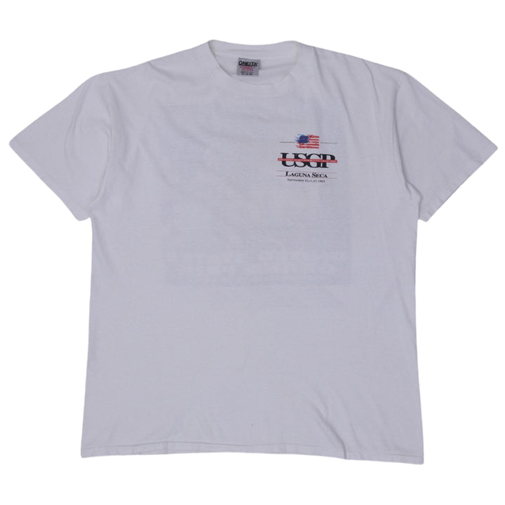 Vintage Mens Oneita USGP T-Shirt White Graphic 1993 Motorcycle | Migration_T-Shirts | Fashion Rerun