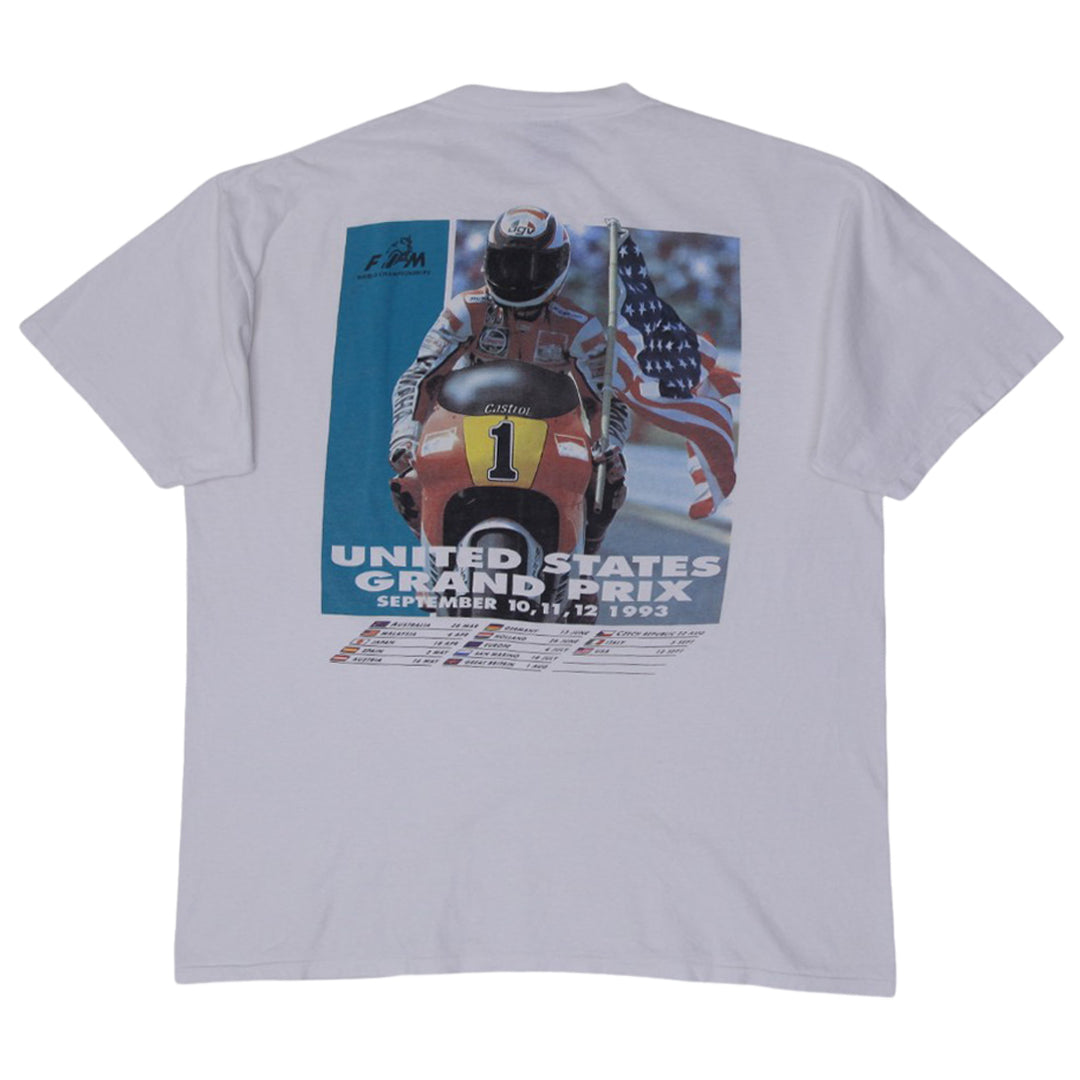 Vintage Mens Oneita USGP T-Shirt White Graphic 1993 Motorcycle | Migration_T-Shirts - Side View | Fashion Rerun