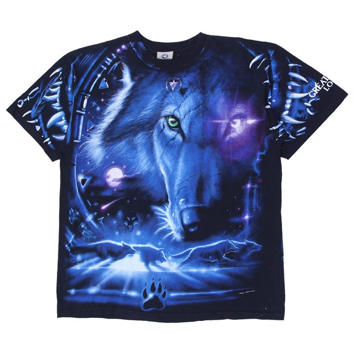 Vintage Mens Liquid Blue T-Shirt Graphic Wolf Blue Nature Inspired