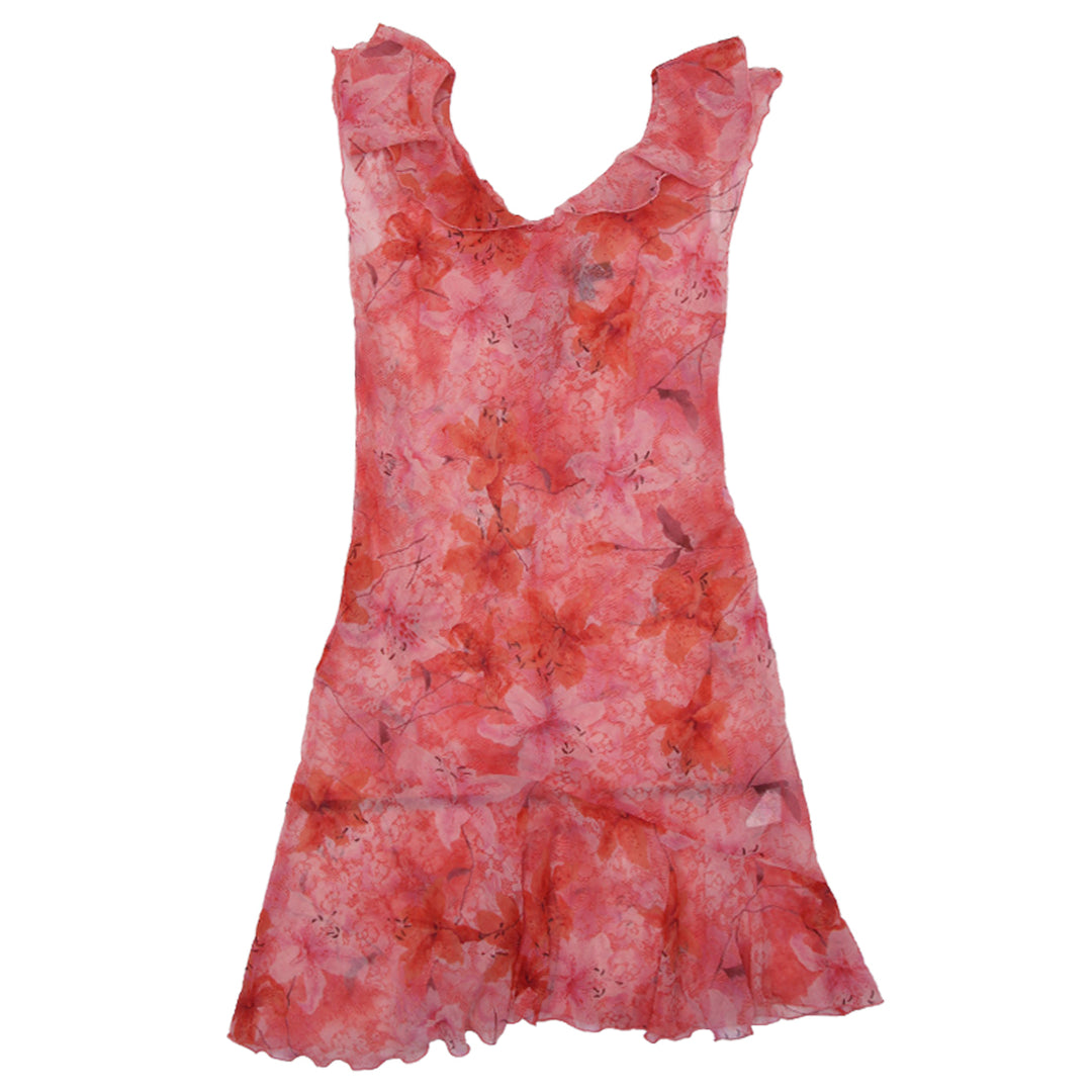 Y2K Ladies V-Neck Ruffle Sleeve See Through Sheer Dress