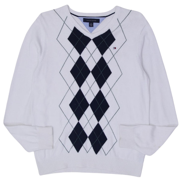 Mens Tommy Hilfiger Sweater White Argyle Knitwear V-Neck