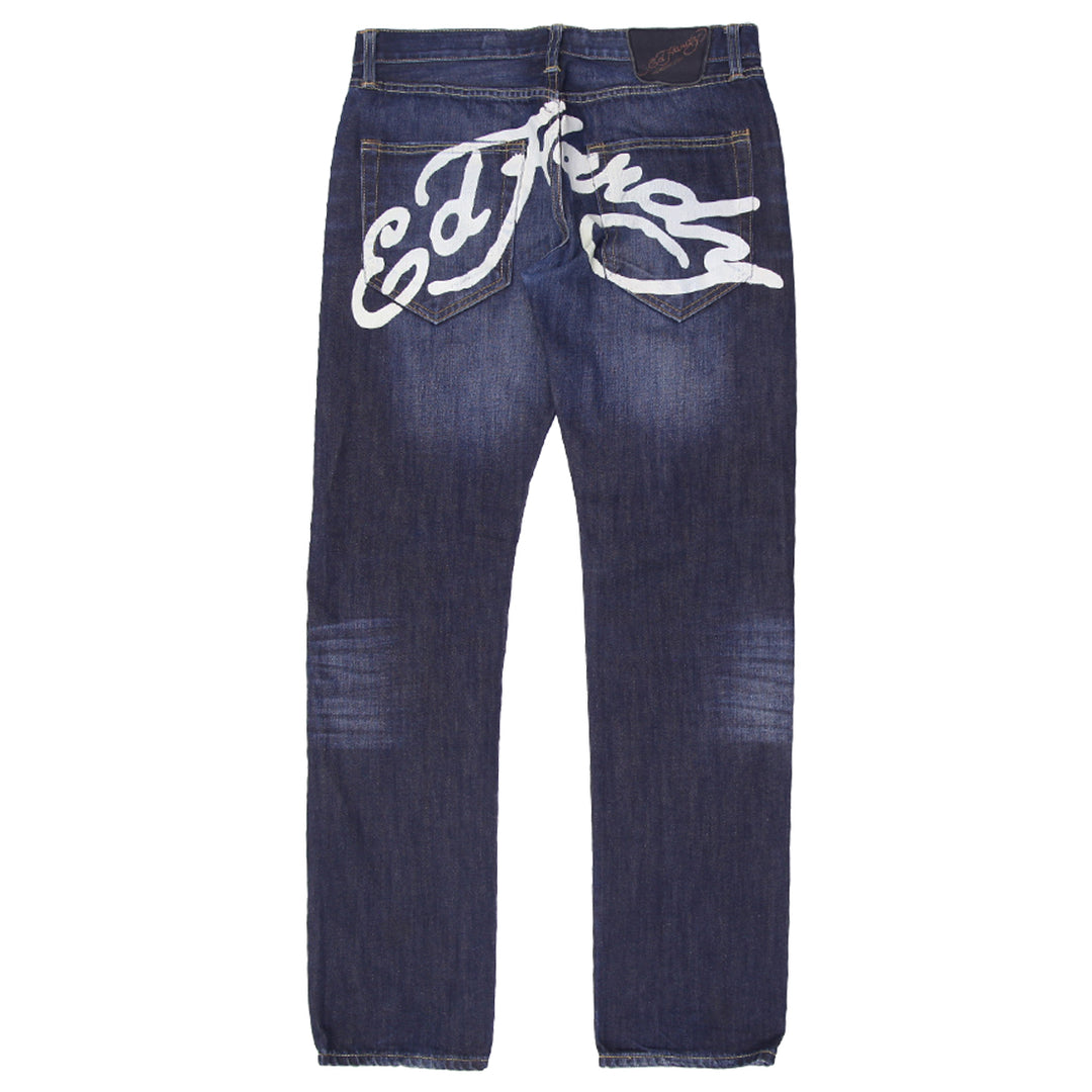 Y2K Mens Ed Hardy Jeans Blue Signature Graphic Denim