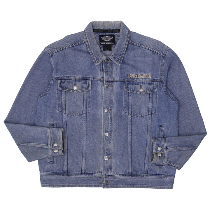 Mens Harley Davidson Denim Jacket Blue Embroidered Logo Biker