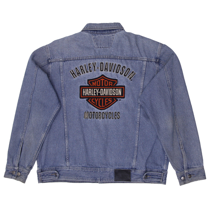 Mens Harley Davidson Denim Jacket Blue Embroidered Logo Biker