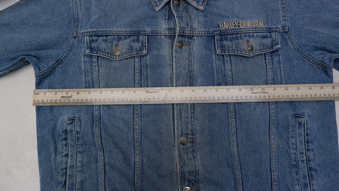 Mens Harley Davidson Denim Jacket Blue Embroidered Logo Biker