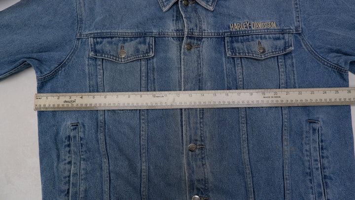 Mens Harley Davidson Denim Jacket Blue Embroidered Logo Biker