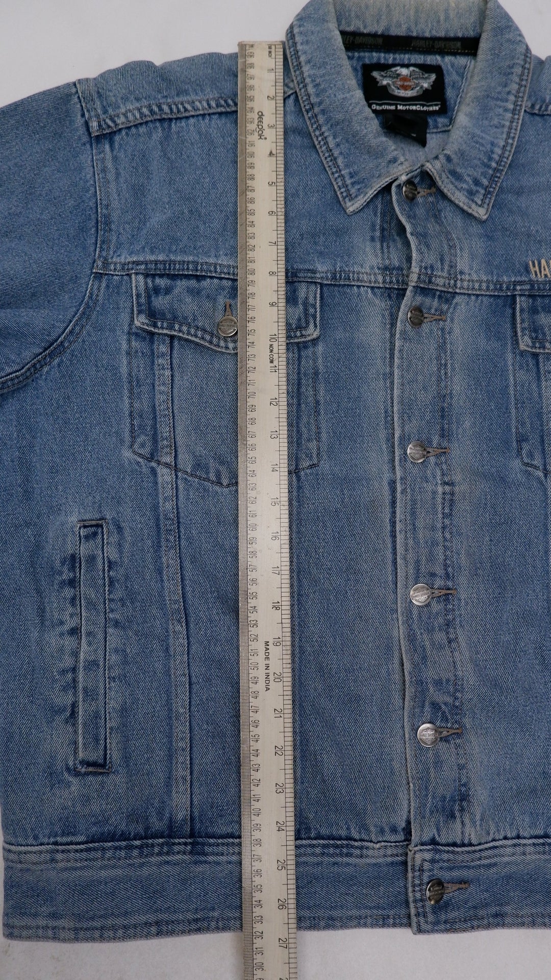 Mens Harley Davidson Denim Jacket Blue Embroidered Logo Biker