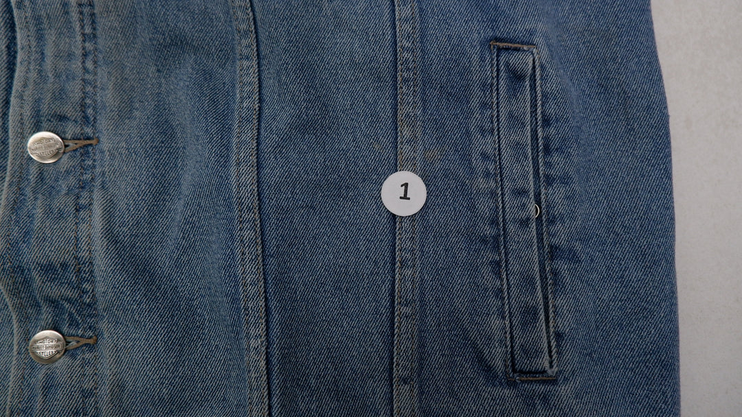 Mens Harley Davidson Denim Jacket Blue Embroidered Logo Biker