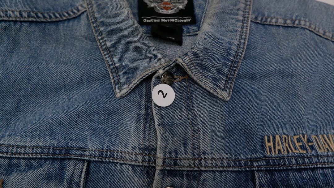 Mens Harley Davidson Denim Jacket Blue Embroidered Logo Biker