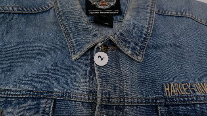 Mens Harley Davidson Denim Jacket Blue Embroidered Logo Biker