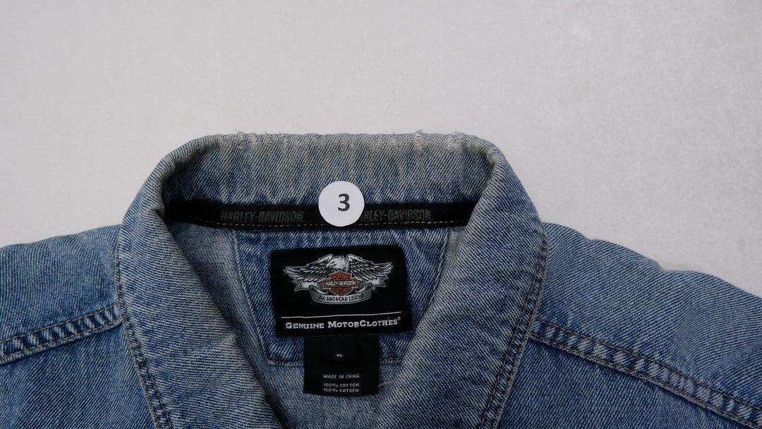 Mens Harley Davidson Denim Jacket Blue Embroidered Logo Biker