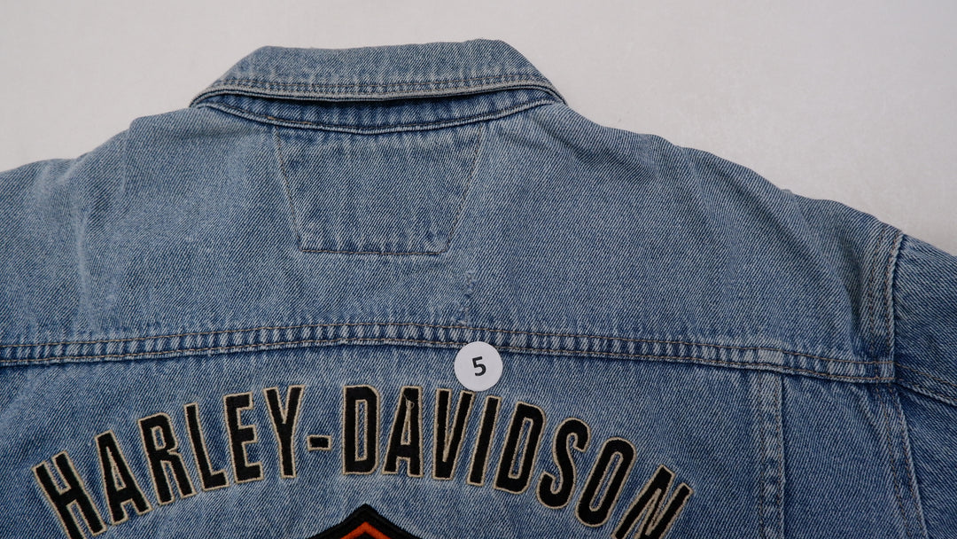 Mens Harley Davidson Denim Jacket Blue Embroidered Logo Biker