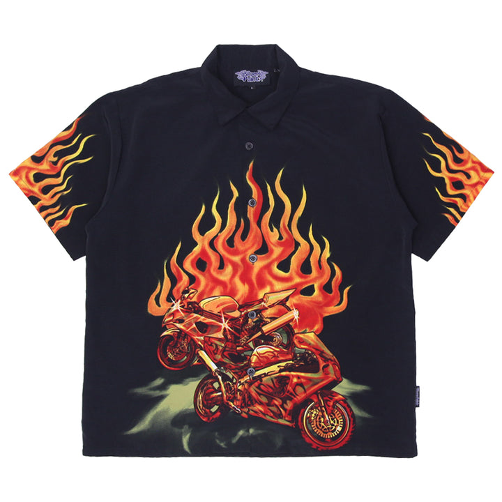 Y2K Mens Silver Point 90s Shirt L Black Flames Grunge Guy Fieri