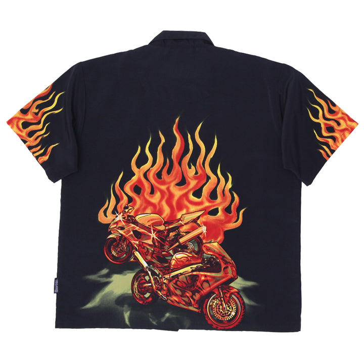 Y2K Mens Silver Point 90s Shirt L Black Flames Grunge Guy Fieri