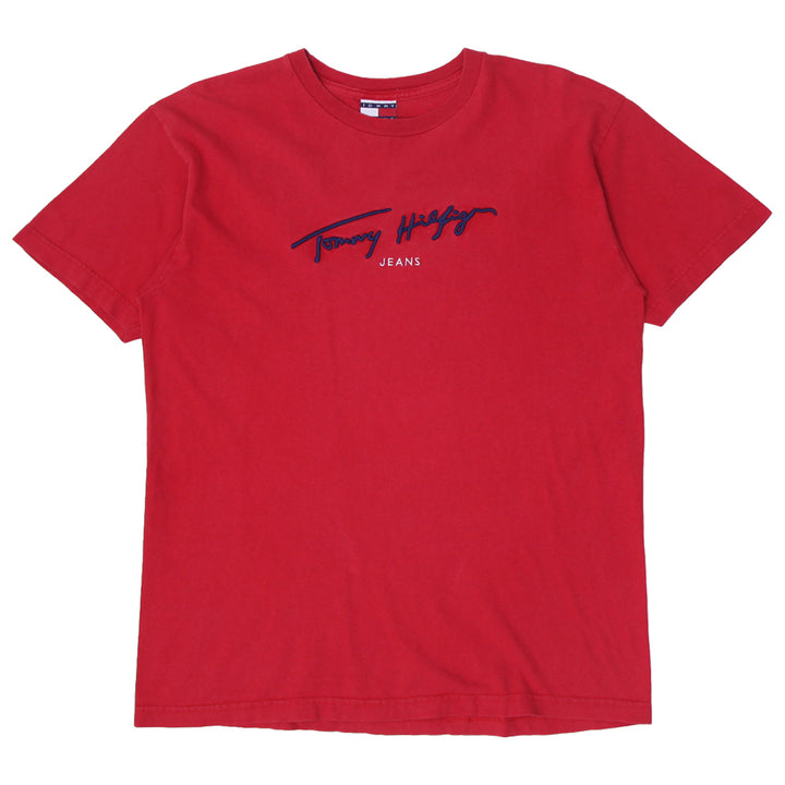 Vintage 90s Tommy Hilfiger Spellout T-Shirt Embossed Red