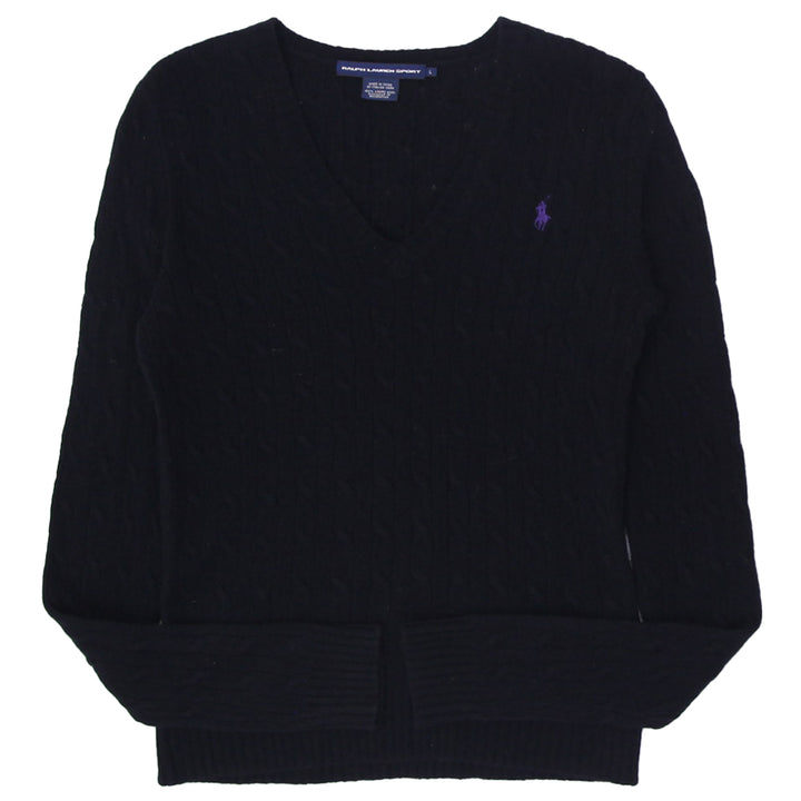Ladies Ralph Lauren Sport V-Neck 100% Lamb Wool Cable Knit Sweater
