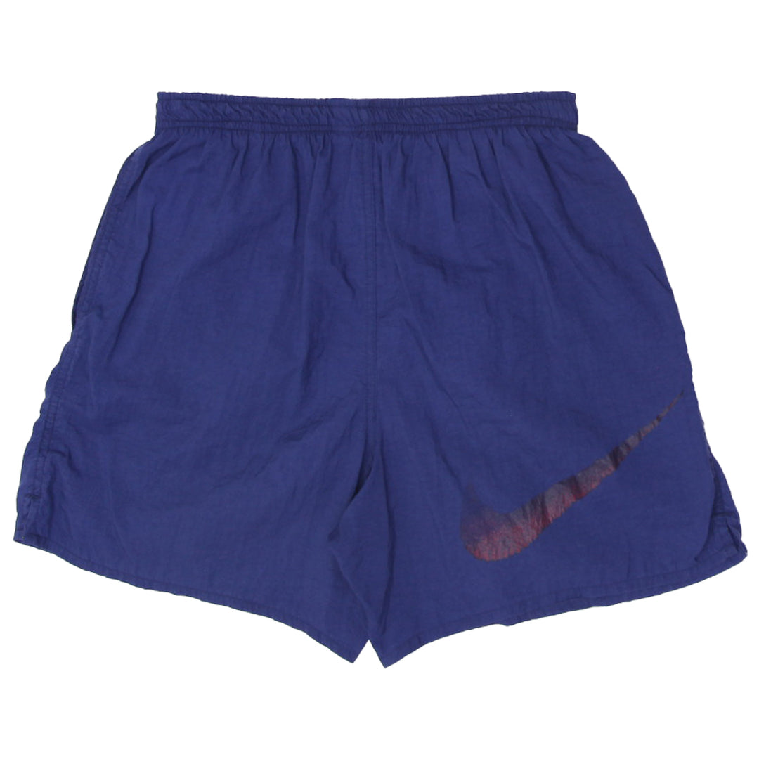 Vintage Nike Swim Shorts Navy Blue Nylon Maroon Swoosh Lines | Migration_Shorts UAENAT20 - Side View | Fashion Rerun