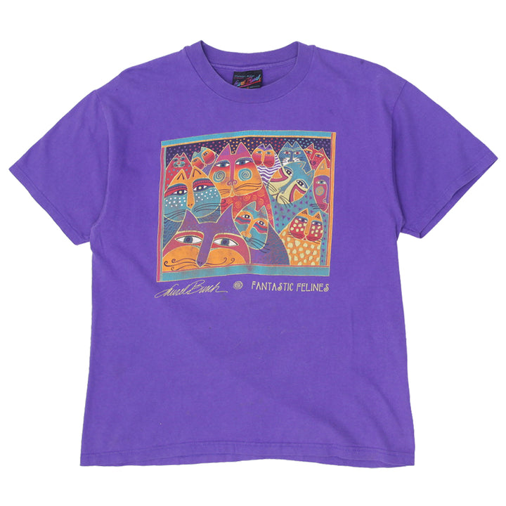 Vintage Mens Laurel Burch T-Shirt Purple Cat Graphic Art