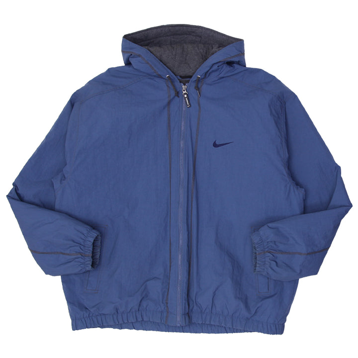 Vintage Nike 90s Big Swoosh Navy Nylon Hooded Heavy Zip Jacket