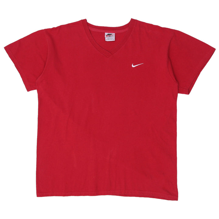 Vintage Embroidered Nike Swoosh Logo Red V-Neck Made In USA Large T-Shirt