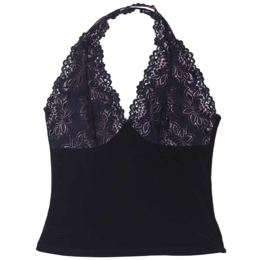 Y2K Ladies Charlotte Russe Black Pink Lace Halter Top L Made In USA
