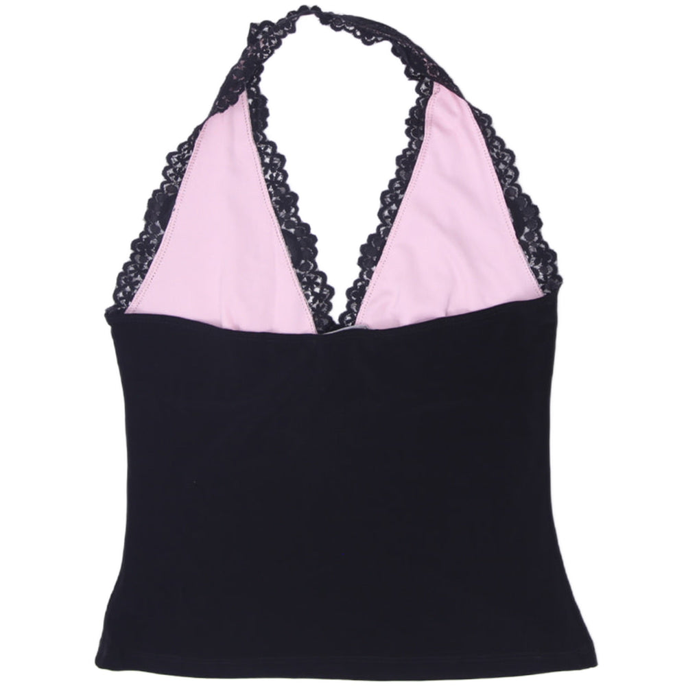 Y2K Ladies Charlotte Russe Black Pink Lace Halter Top L Made In USA
 - view 2