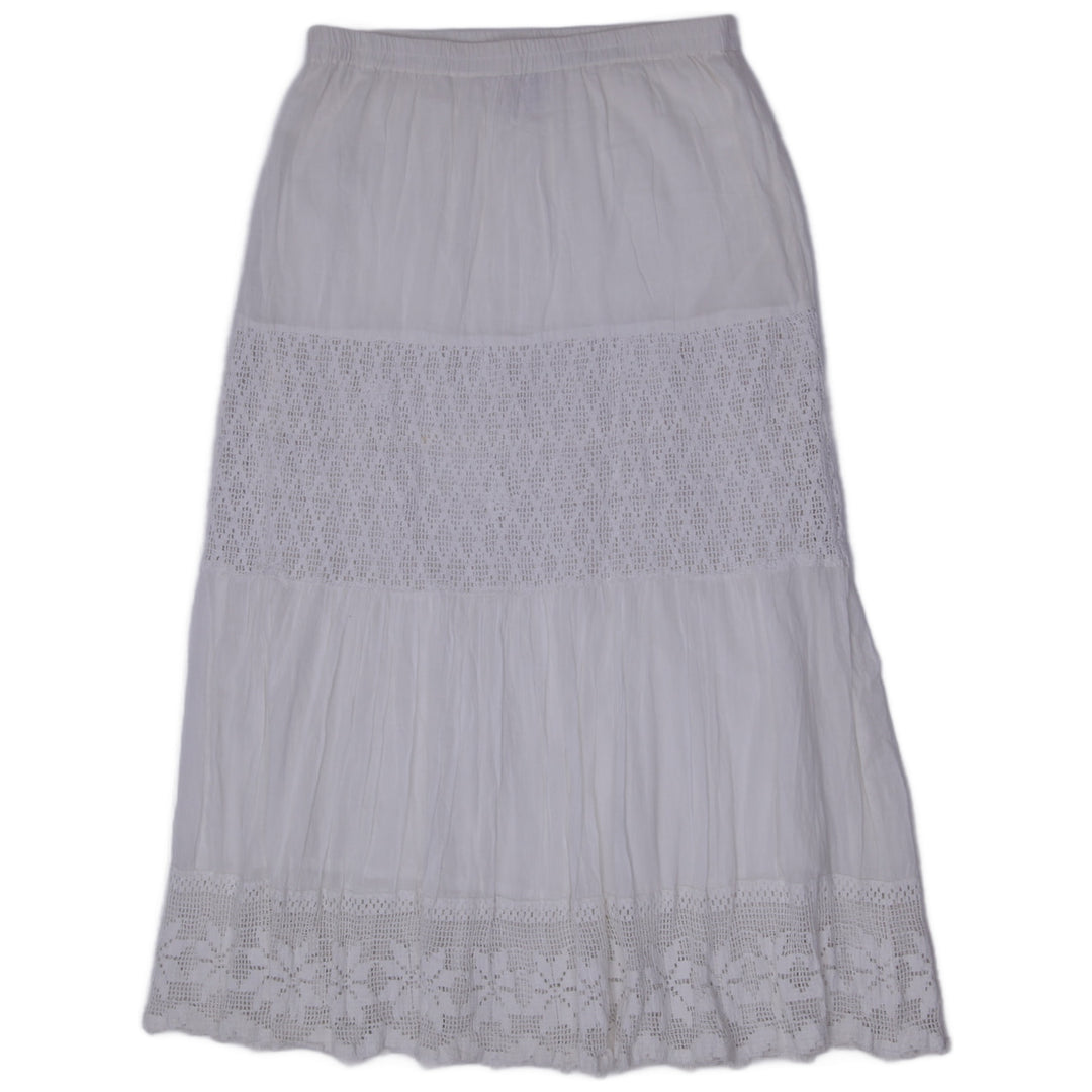 Y2K Ladies Metrowear White Cotton Crochet Lace Tiered Maxi Skirt Medium Boho Prairie Size M