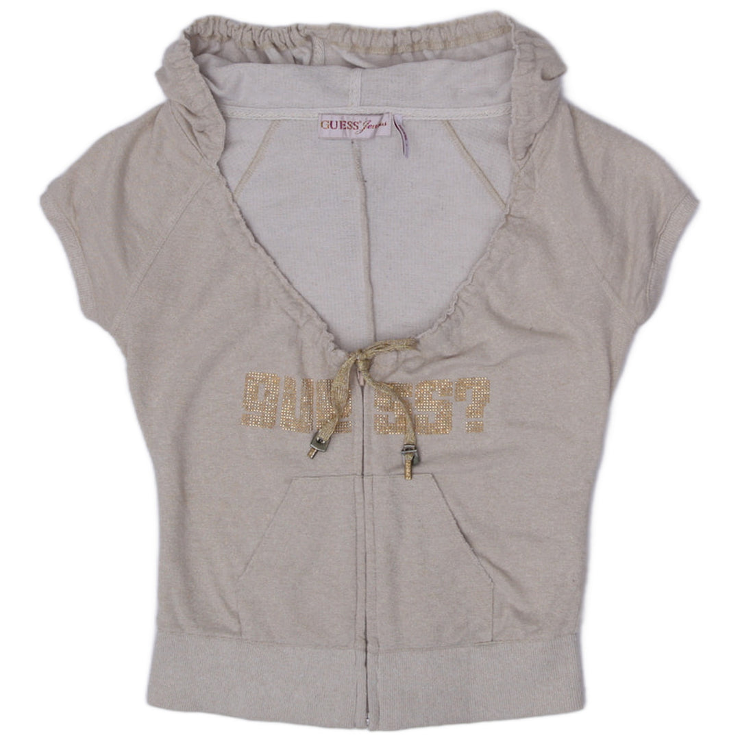 Y2K Ladies Guess Jeans Gold Metallic Lurex Short Sleeve Zip Hoodie Top Size S