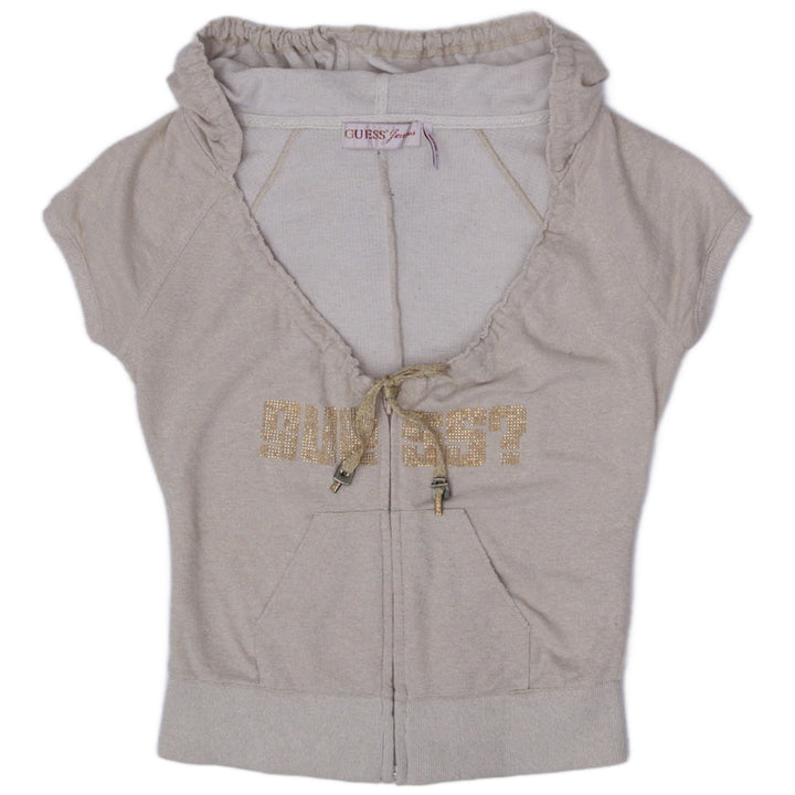 Y2K Ladies Guess Jeans Gold Metallic Lurex Short Sleeve Zip Hoodie Top Size S