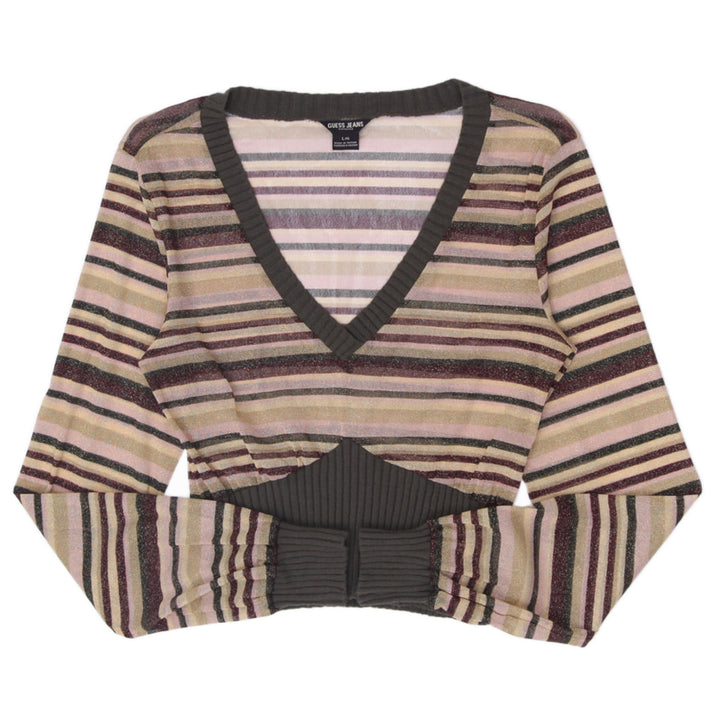 Y2K Ladies Guess Jeans Y2K Metallic Striped V-Neck Knit Hem Sweater Top Size L