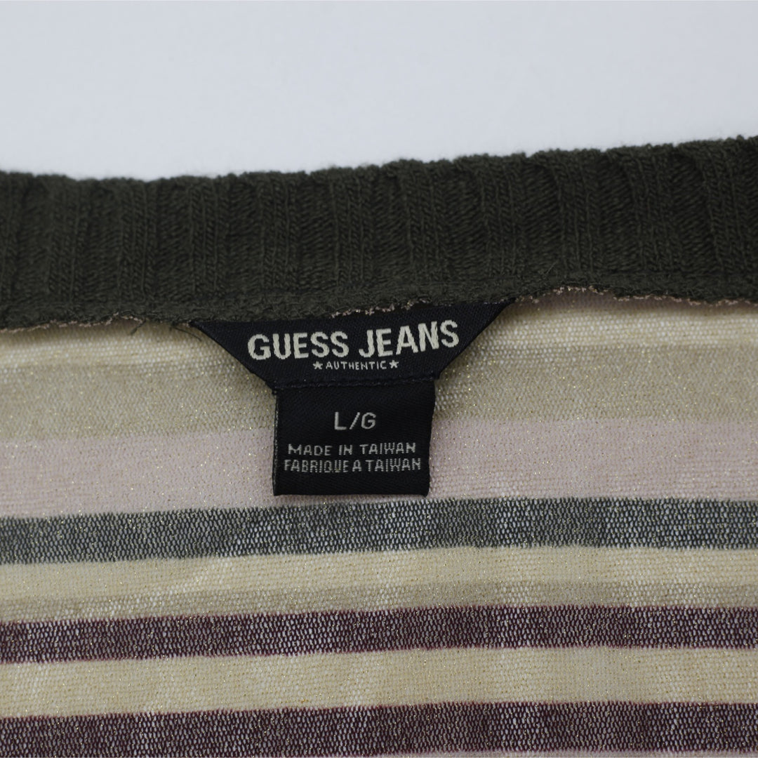 Y2K Ladies Guess Jeans Y2K Metallic Striped V-Neck Knit Hem Sweater Top Size L - view 3