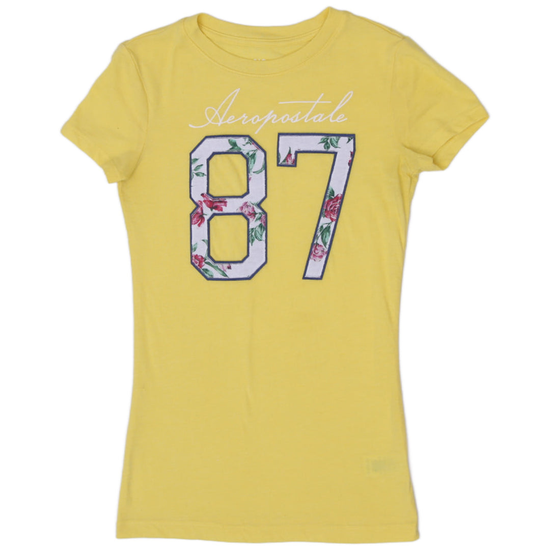 Y2K Ladies Aéropostale Yellow Floral '87' Graphic Baby Tee Crewneck T-Shirt Size XS