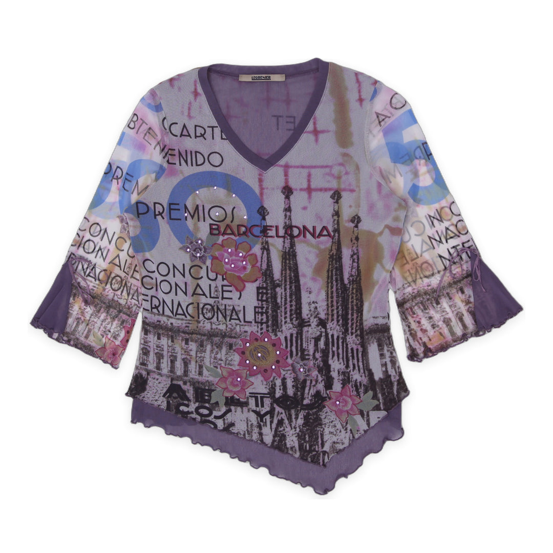 Y2K Ladies LEG GRENIER Mesh Top Purple Barcelona Print Rhinestone Lettuce Hem Size Small