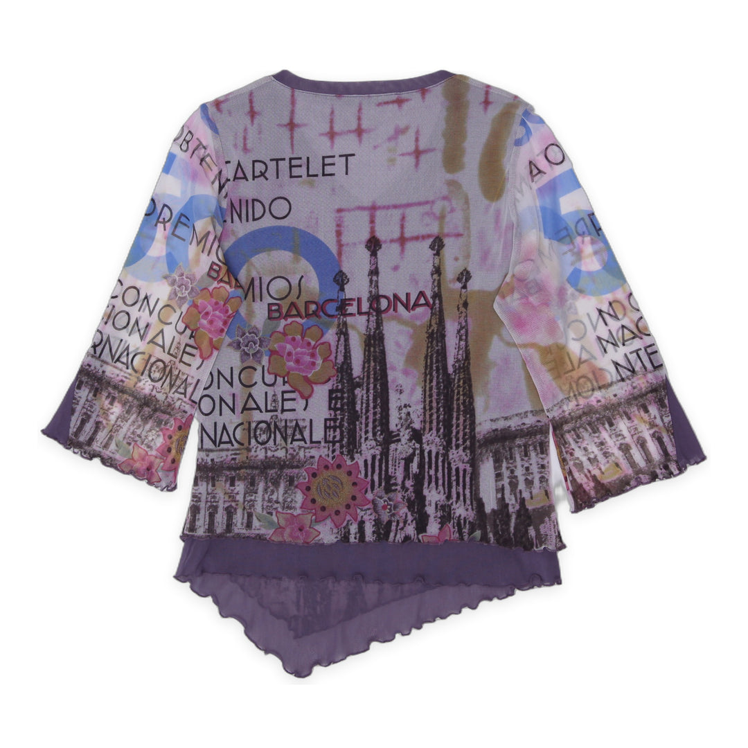 Y2K Ladies LEG GRENIER Mesh Top Purple Barcelona Print Rhinestone Lettuce Hem Size Small - view 2