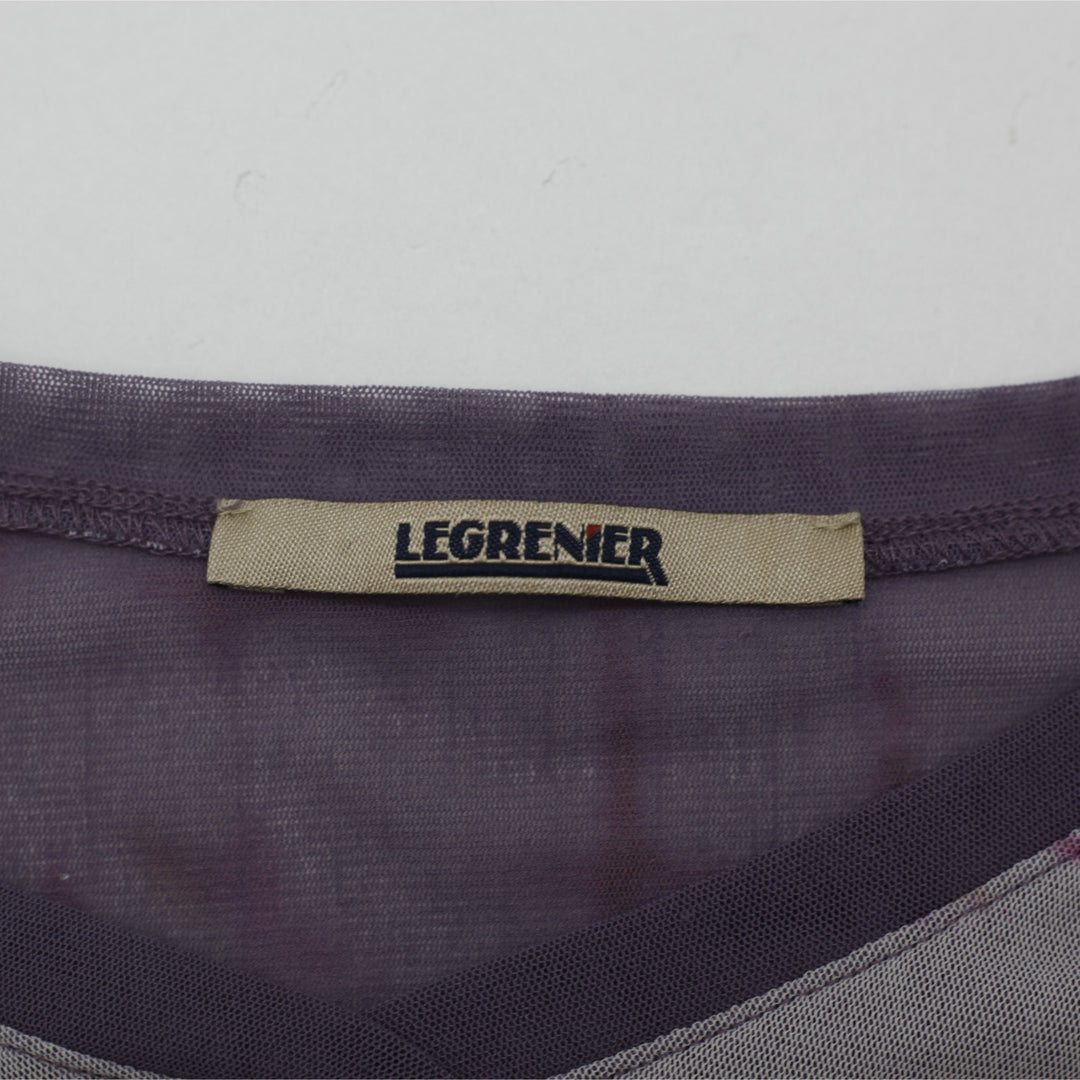 Y2K Ladies LEG GRENIER Mesh Top Purple Barcelona Print Rhinestone Lettuce Hem Size Small - view 3