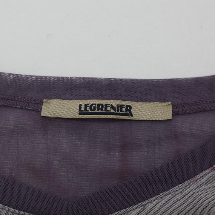Y2K Ladies LEG GRENIER Mesh Top Purple Barcelona Print Rhinestone Lettuce Hem Size Small - view 3