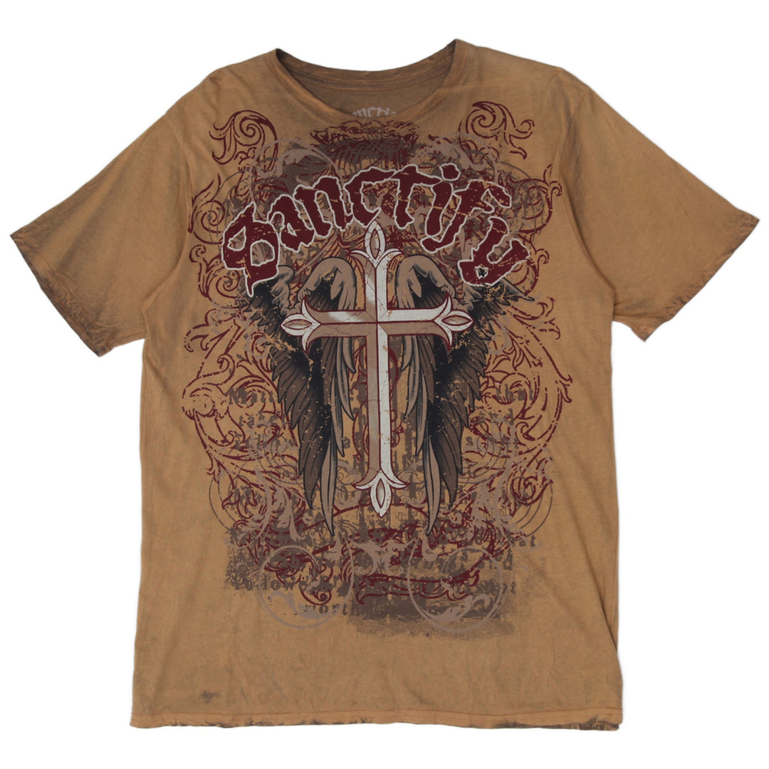 Y2K Mens Sanctify Acid-Wash Winged Cross Double-Sided Graphic T-Shirt Size L