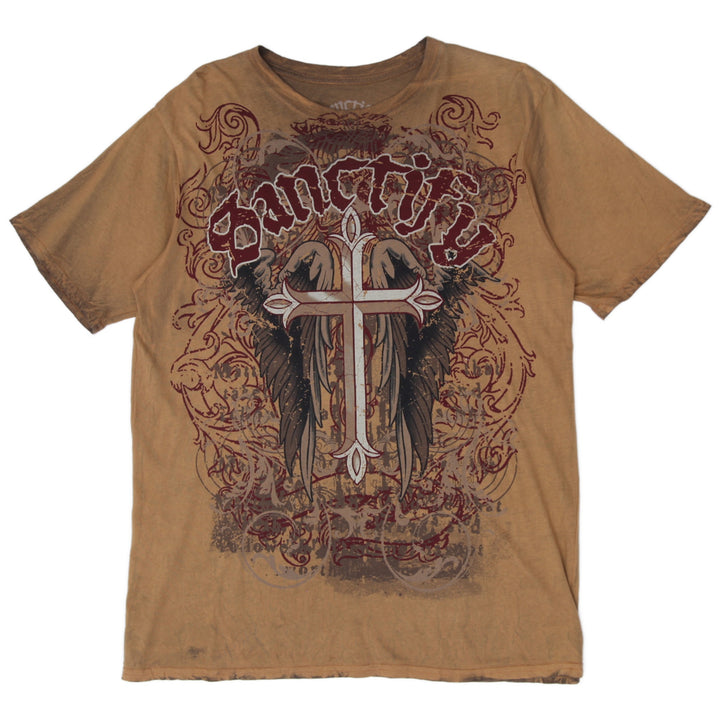 Y2K Mens Sanctify Acid-Wash Winged Cross Double-Sided Graphic T-Shirt Size L