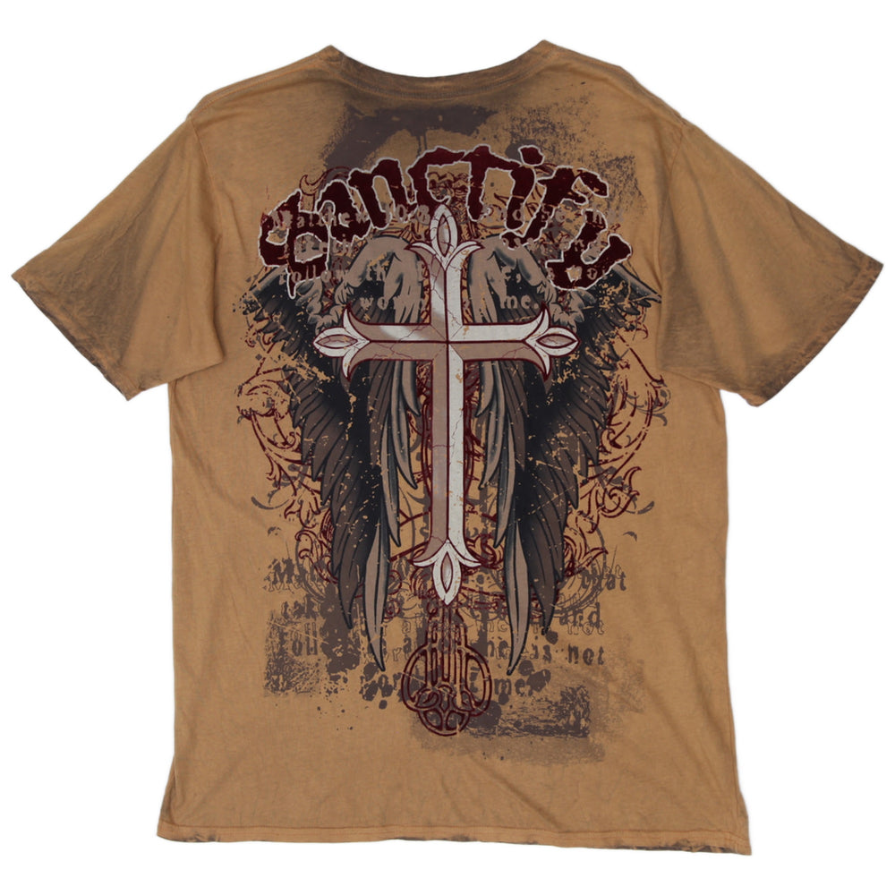 Y2K Mens Sanctify Acid-Wash Winged Cross Double-Sided Graphic T-Shirt Size L - view 2
