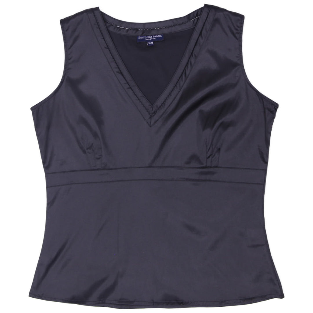 Y2K Ladies Beechers Brook Stretch Black Satin Tank Top V Neck Empire Waist Cami Medium