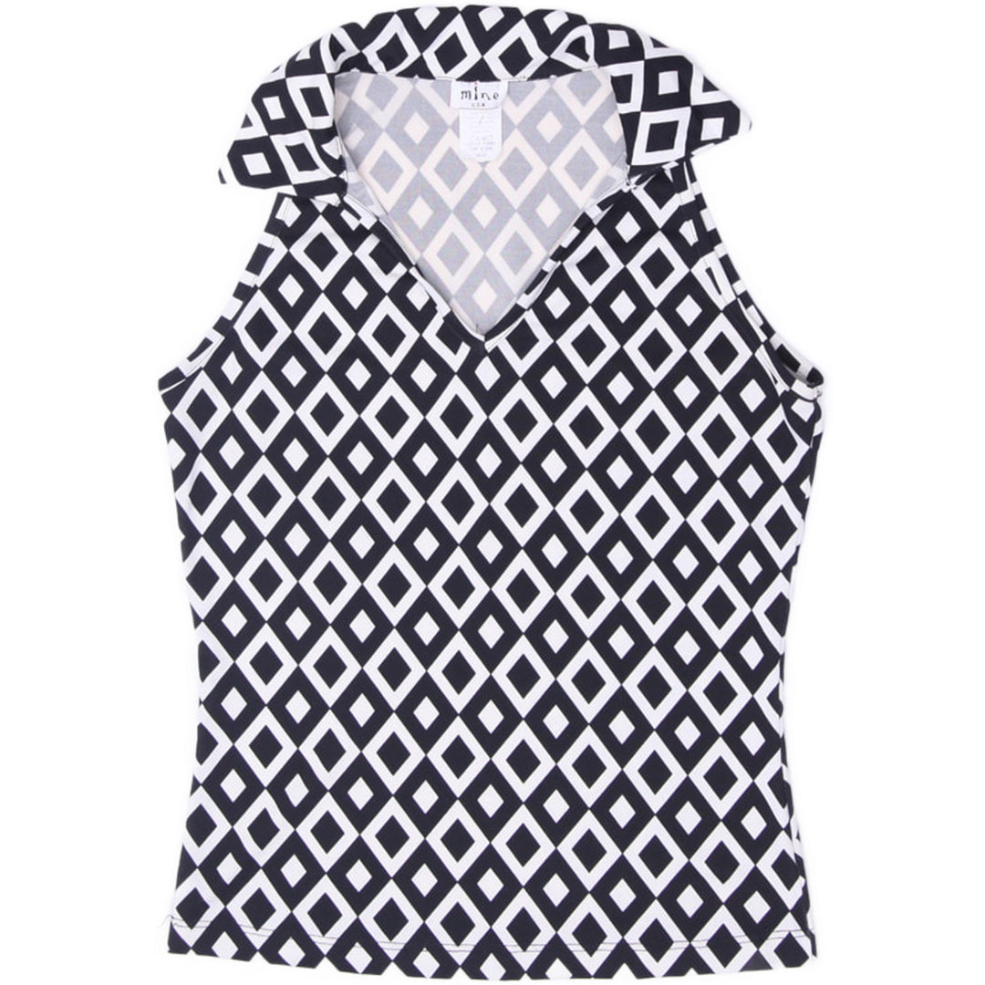 Y2K Ladies Mine USA Geometric Print Sleeveless Top V-Neck Collared Black White Mod Size M