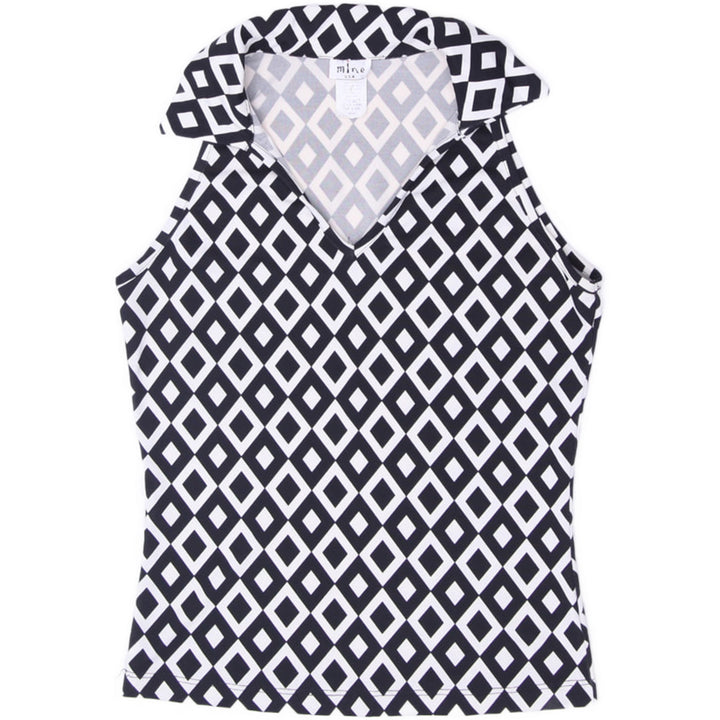 Y2K Ladies Mine USA Geometric Print Sleeveless Top V-Neck Collared Black White Mod Size M