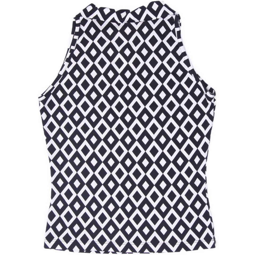 Y2K Ladies Mine USA Geometric Print Sleeveless Top V-Neck Collared Black White Mod Size M - view 2