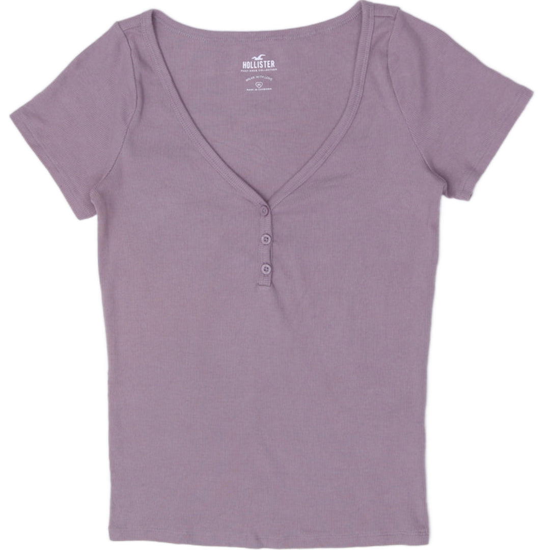 Y2K Ladies Hollister Ribbed Button Front Top Medium Mauve Purple Henley Short Sleeve