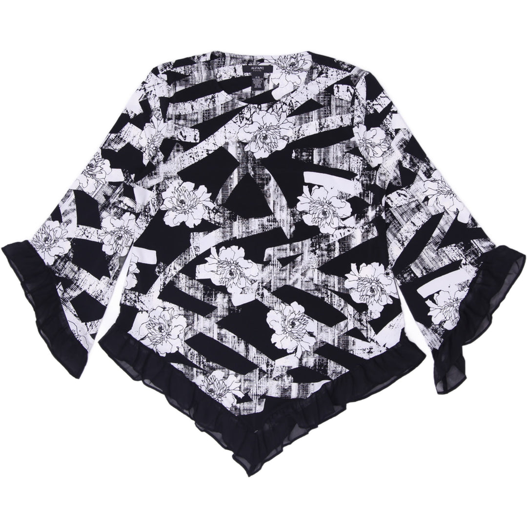 Y2K Ladies Alfani Black White Floral Top Handkerchief Hem Ruffle Sleeves Asymmetrical Size S