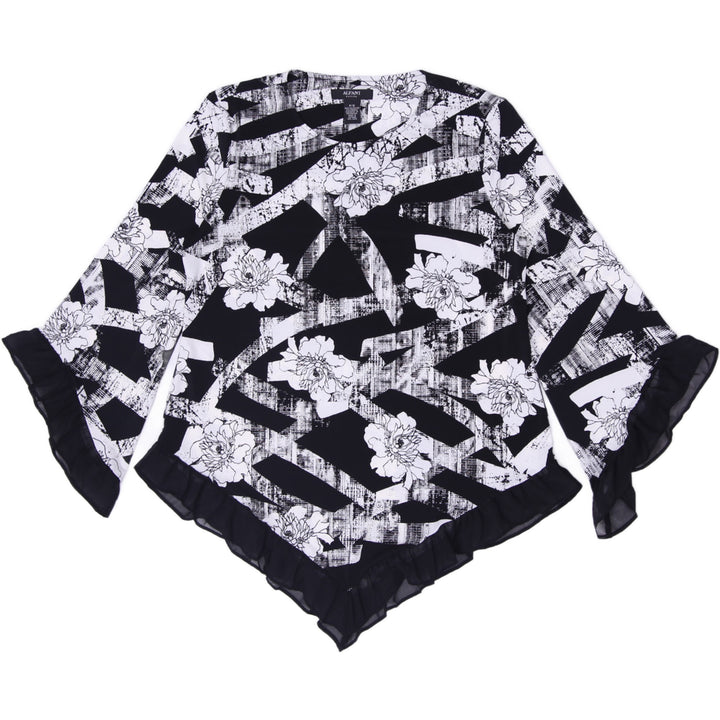 Y2K Ladies Alfani Black White Floral Top Handkerchief Hem Ruffle Sleeves Asymmetrical Size S